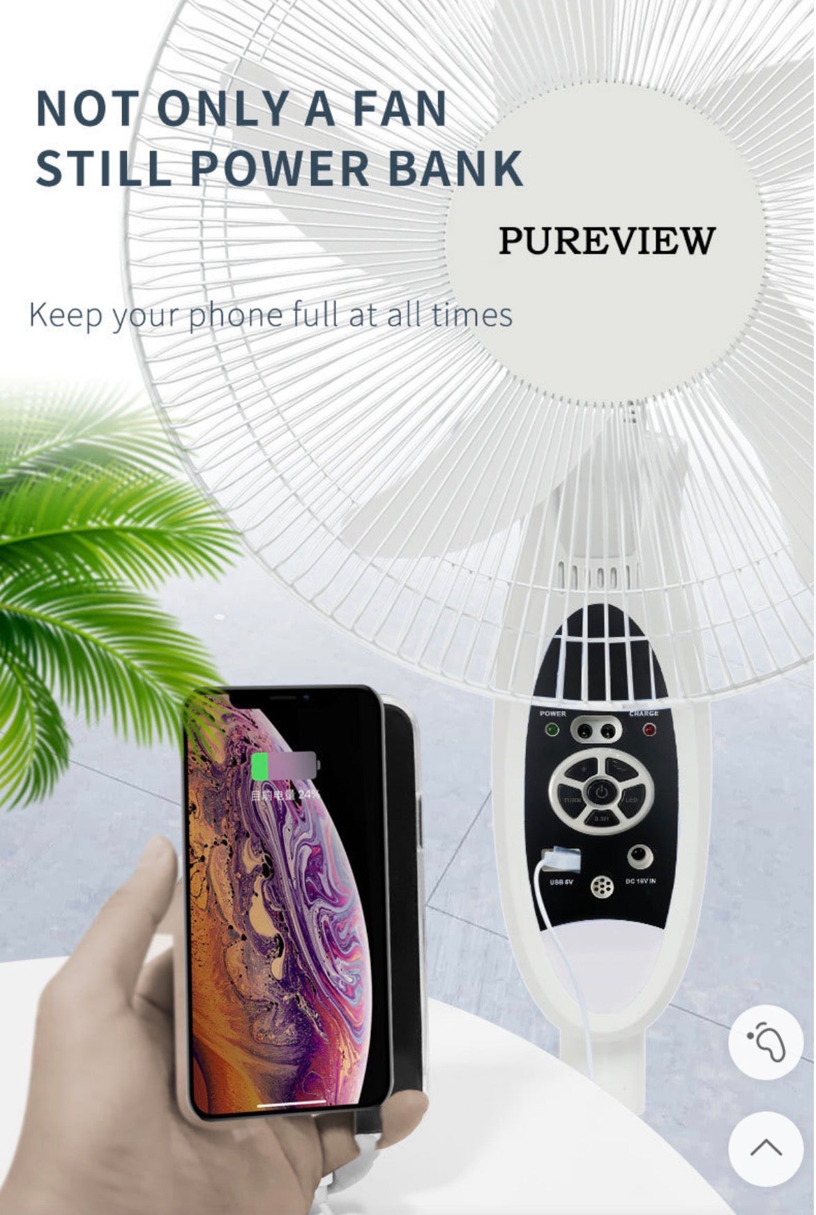 16” Solar Rechargeable Standing Fan with Solar Panel & 2 LED Bulbs