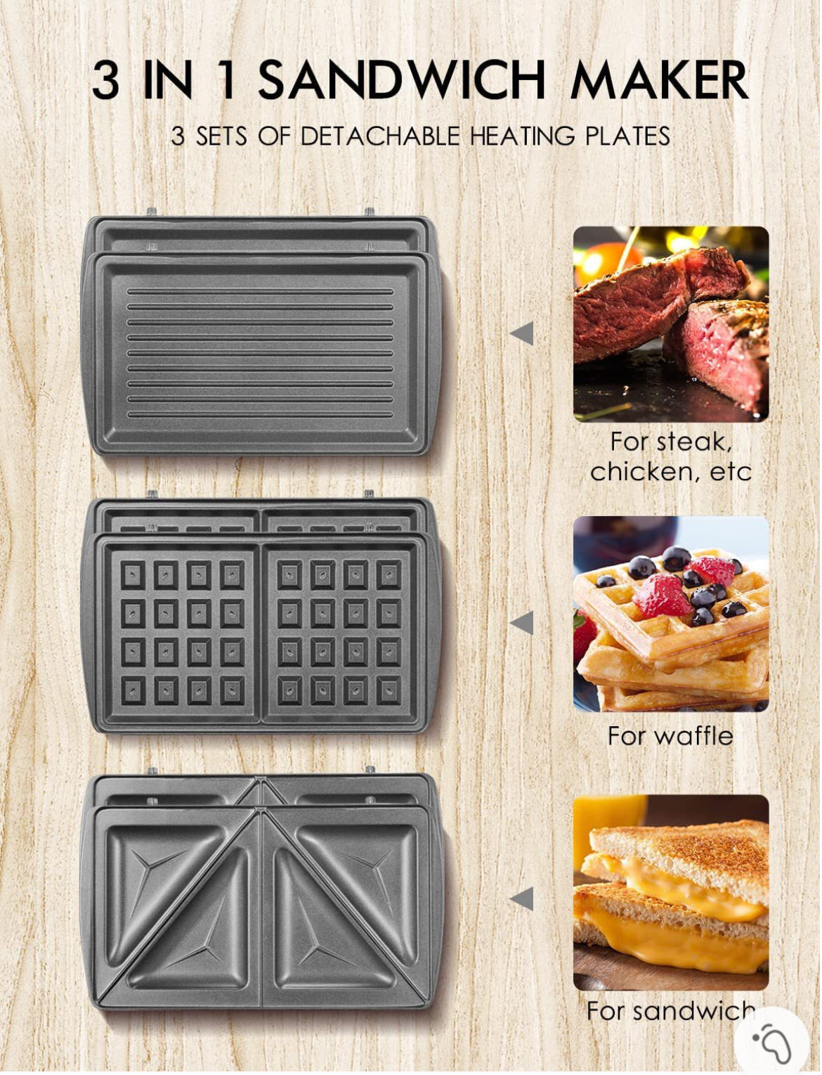 3-in-1 Sandwich Maker (Detachable Plates)