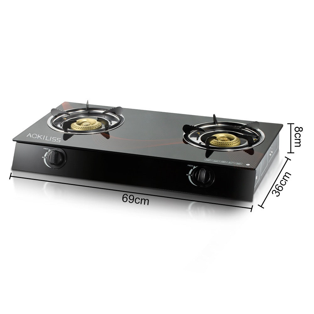 ACKILISS 2 Burner Tempered Glass Tabletop Gas Stove with Auto Ignition