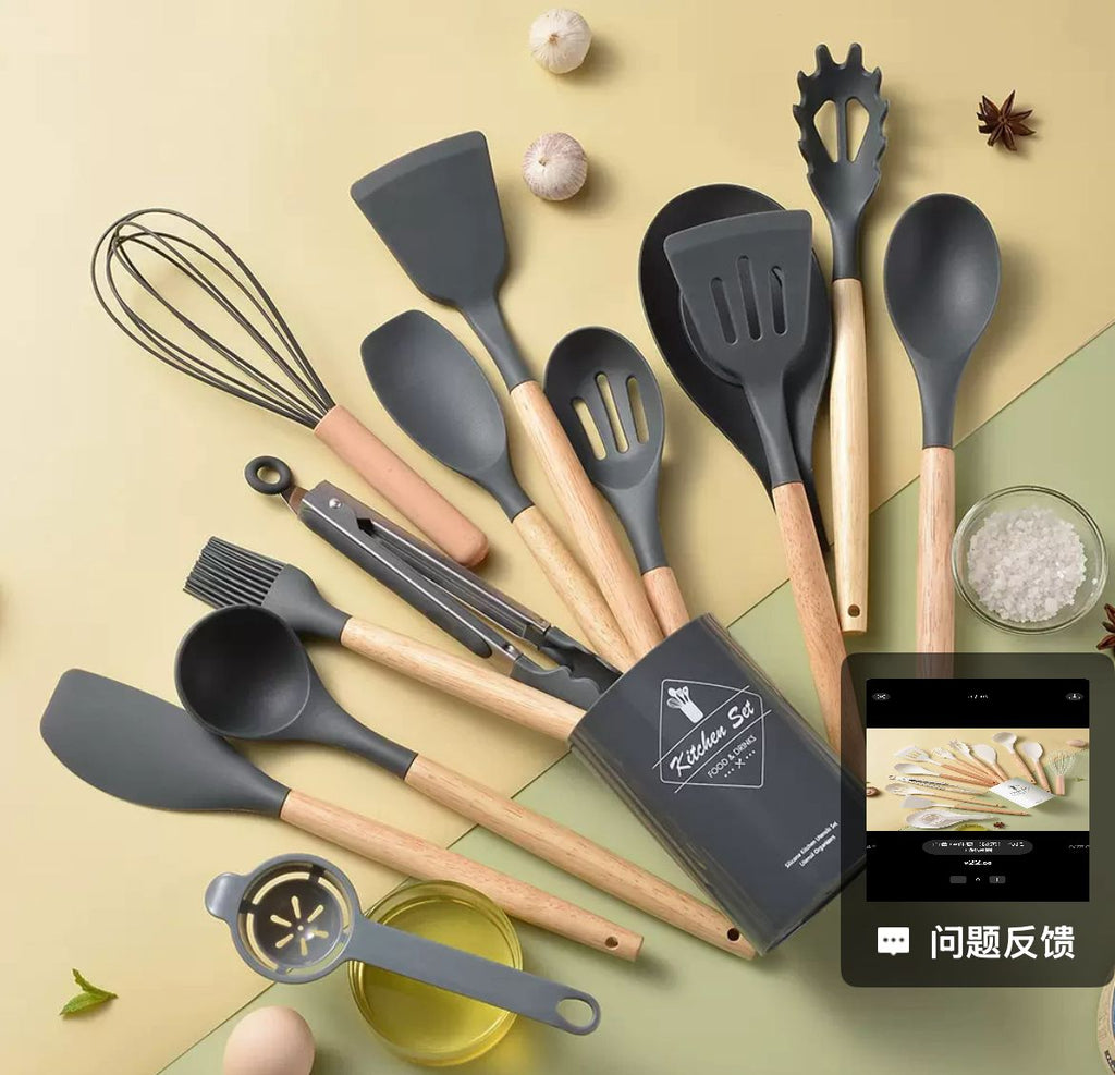 Silicon + Wooden handle 14-in-1 Cooking spoon set