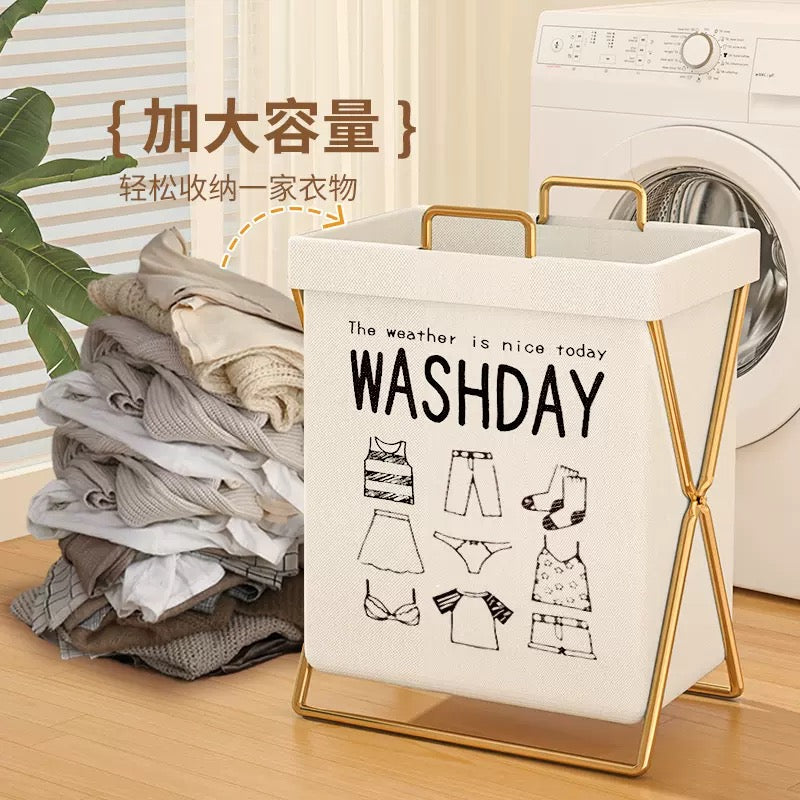 Foldable Laundry Basket with Gold Metal Stand + Cover