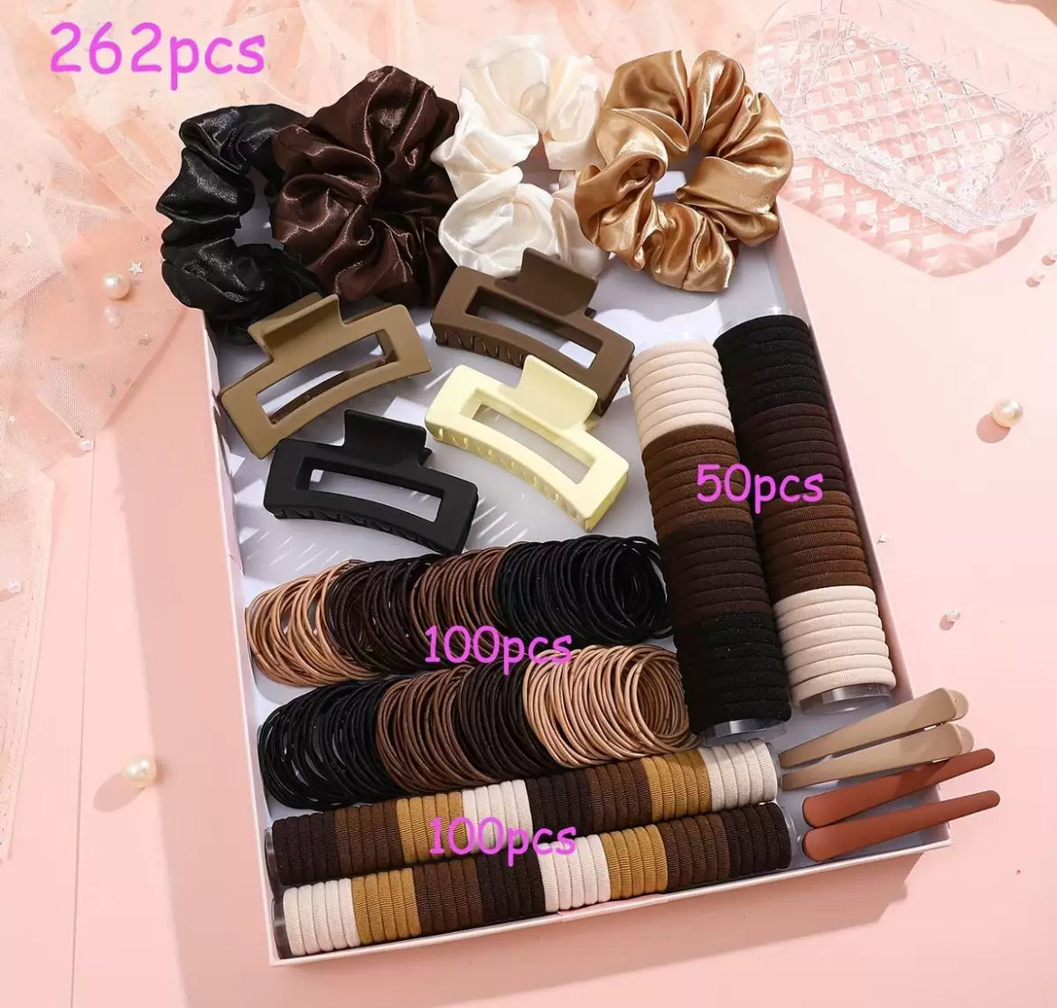 Hair Accessories Set for Girls & Women (Scrunchies, Hair Ties & Clips)