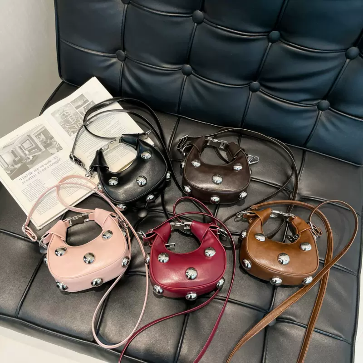 Studded Mini Crescent Crossbody Bag
