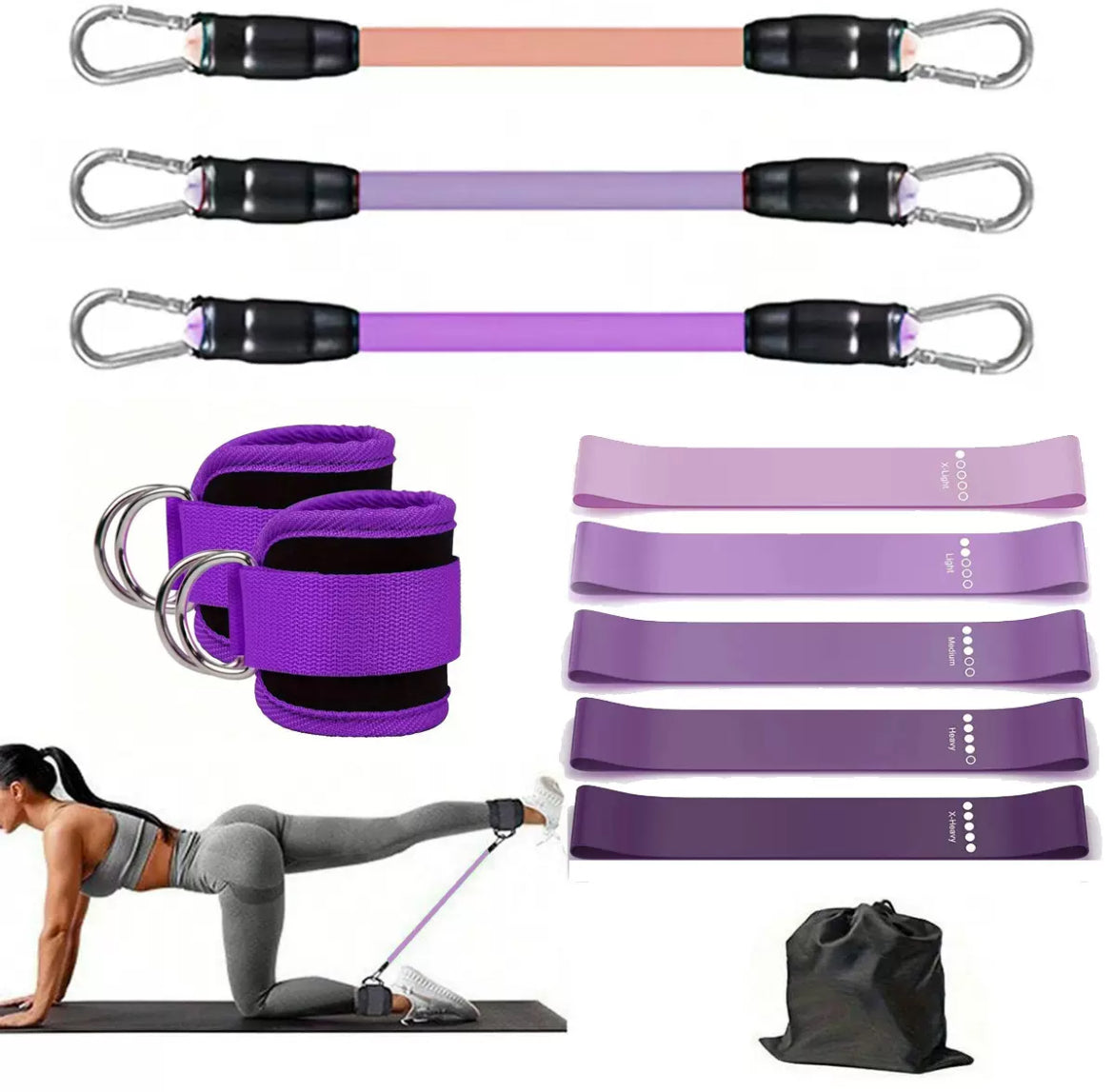 Ankle cuffs + 8 Resistance bands (5 Loops +3 Adjustable) + Bag
