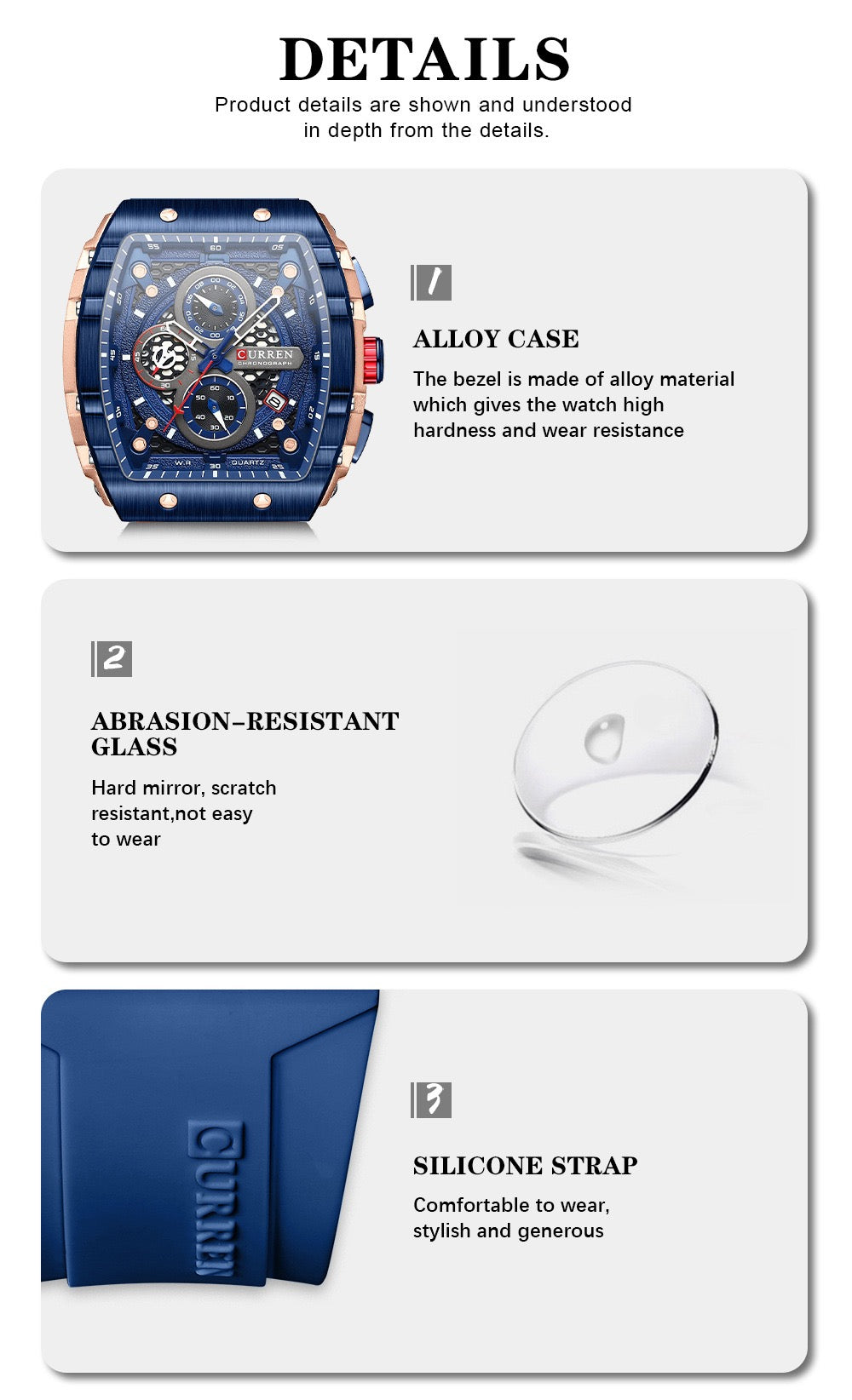 CURREN Premium Square Chronograph Silicone Strap Watch (Comes Boxed)