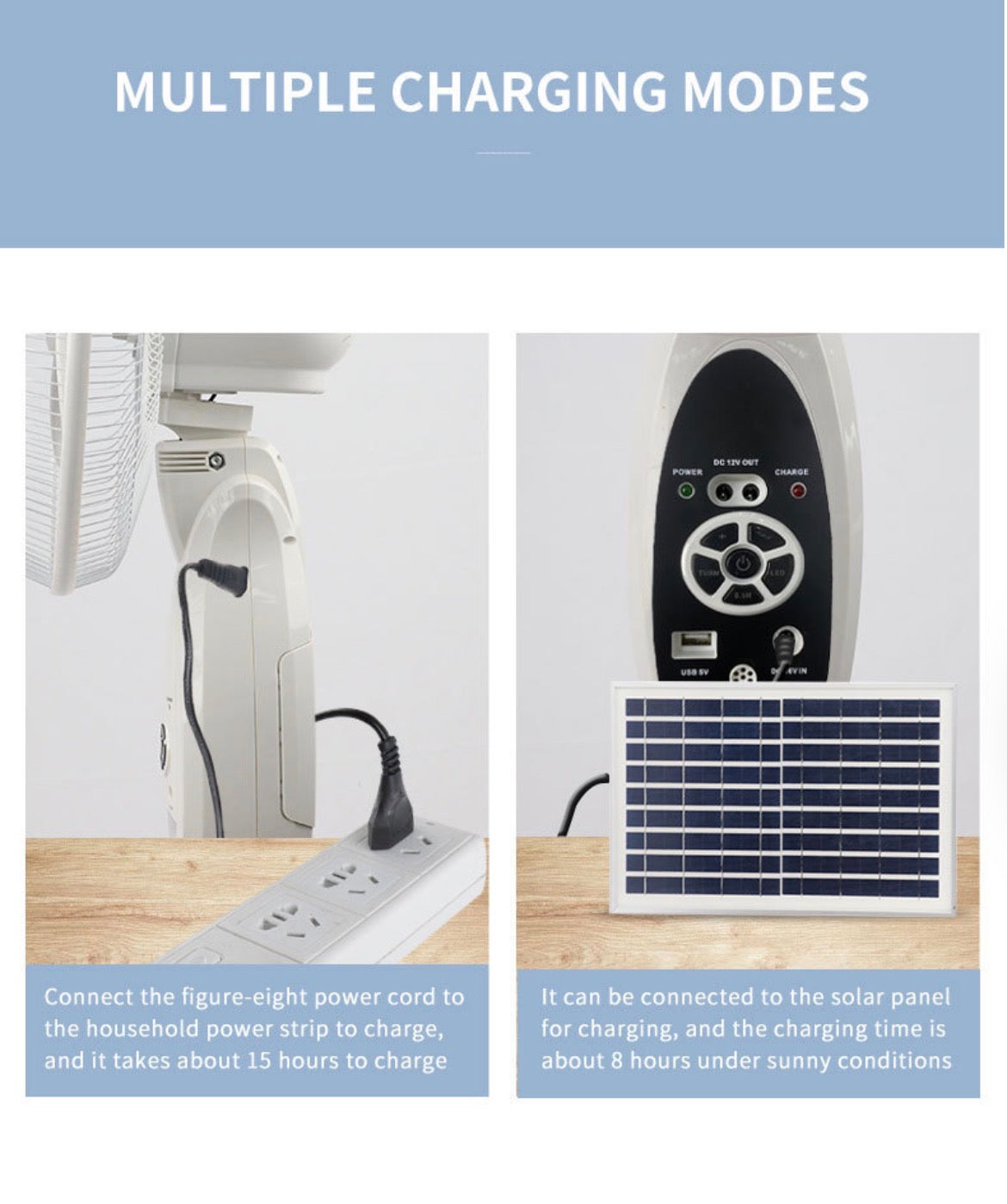 16” Solar Rechargeable Standing Fan with Solar Panel & 2 LED Bulbs