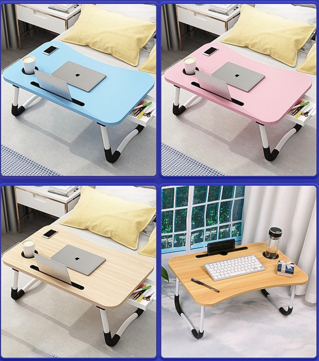 Portable Folding Bed Laptop Table (60x40cm) with Cup Holder & Drawer