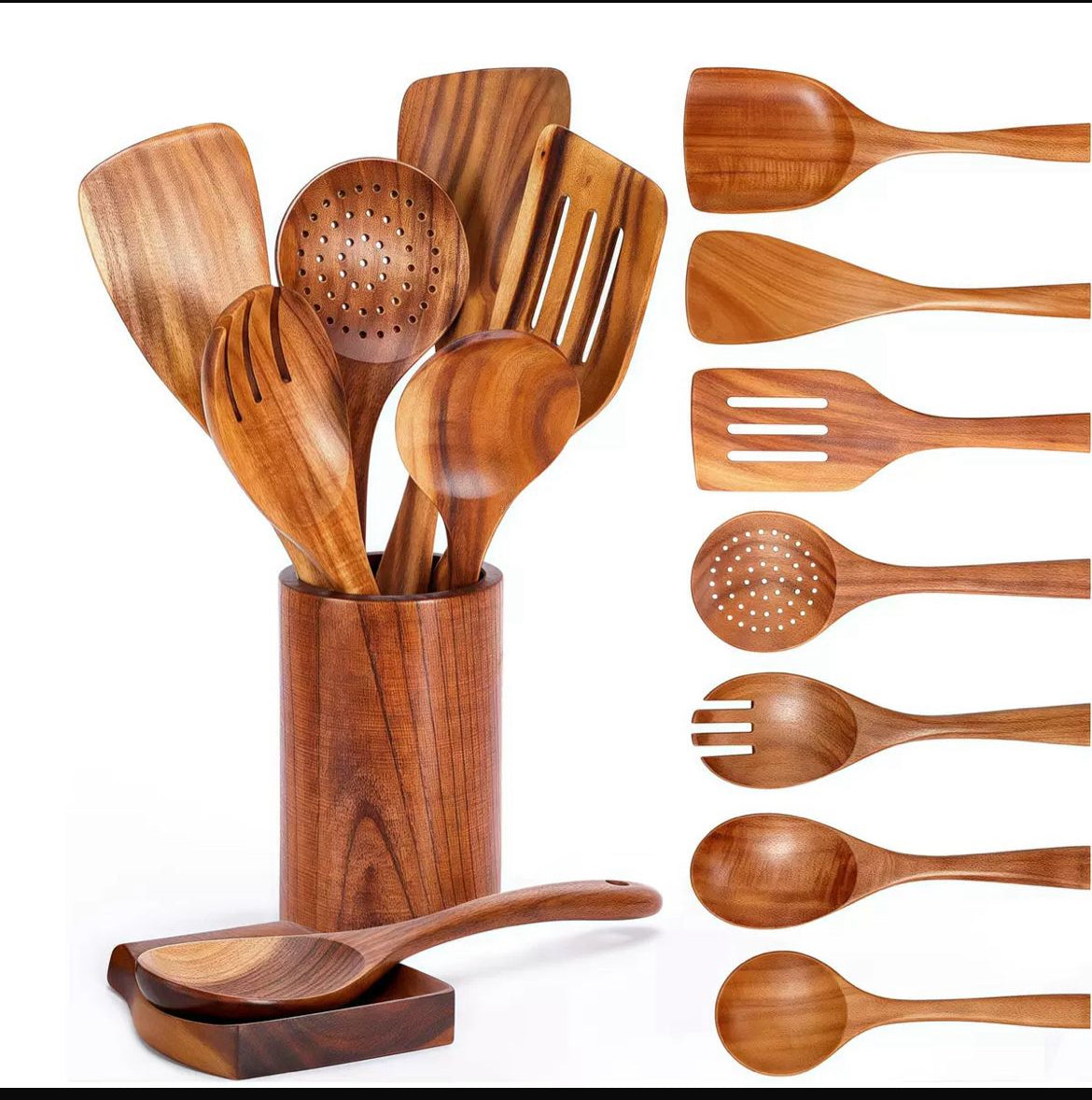Wooden Kitchen Utensil Set with Holder and a Premium Natural Finish