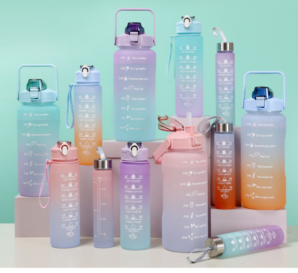 3-in-1 Gradient Motivational Water Bottle Set with Time Markers (2000ml/900ml/500ml)