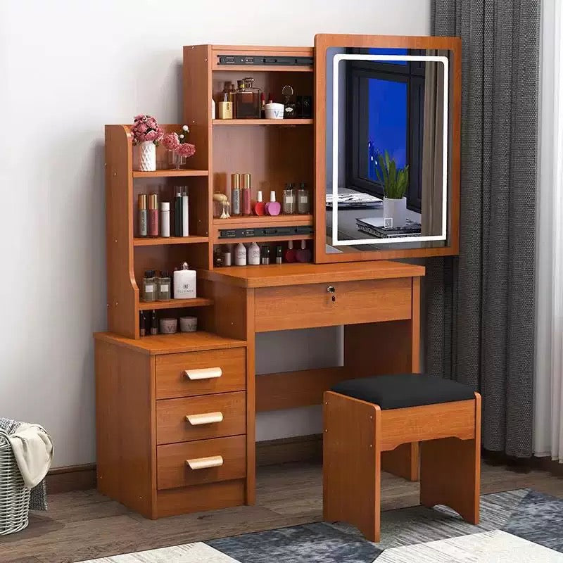 LED Mirror Dressing Table with Storage Drawers, Shelves & Stool – Modern Vanity Makeup Desk Set