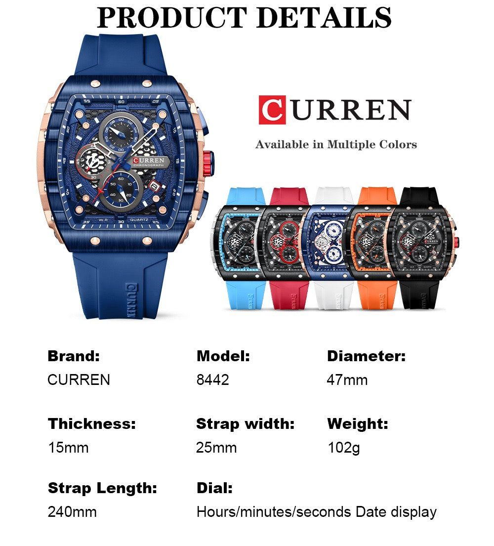 CURREN Premium Square Chronograph Silicone Strap Watch (Comes Boxed)