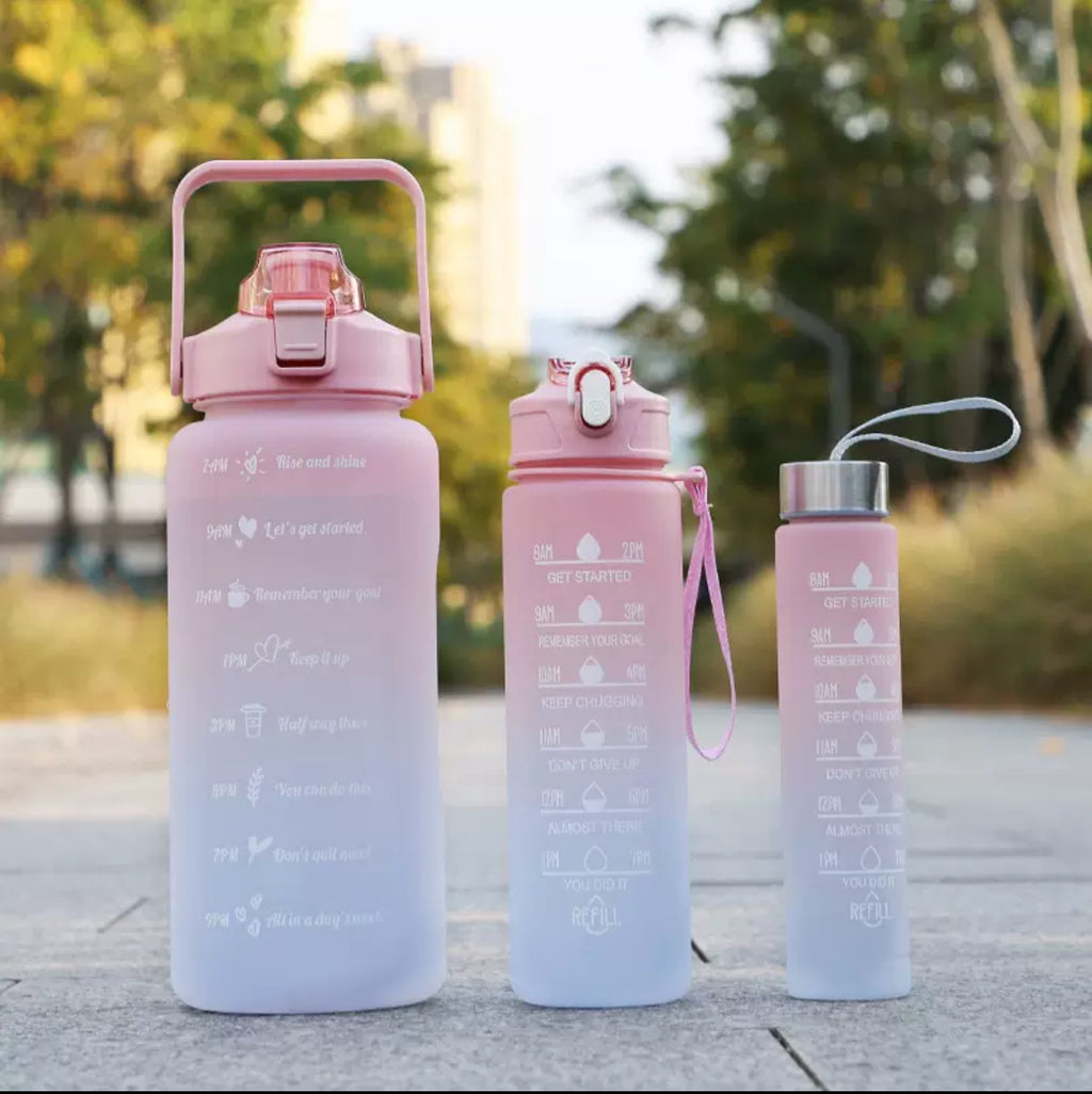 3-in-1 Gradient Motivational Water Bottle Set with Time Markers (2000ml/900ml/500ml)