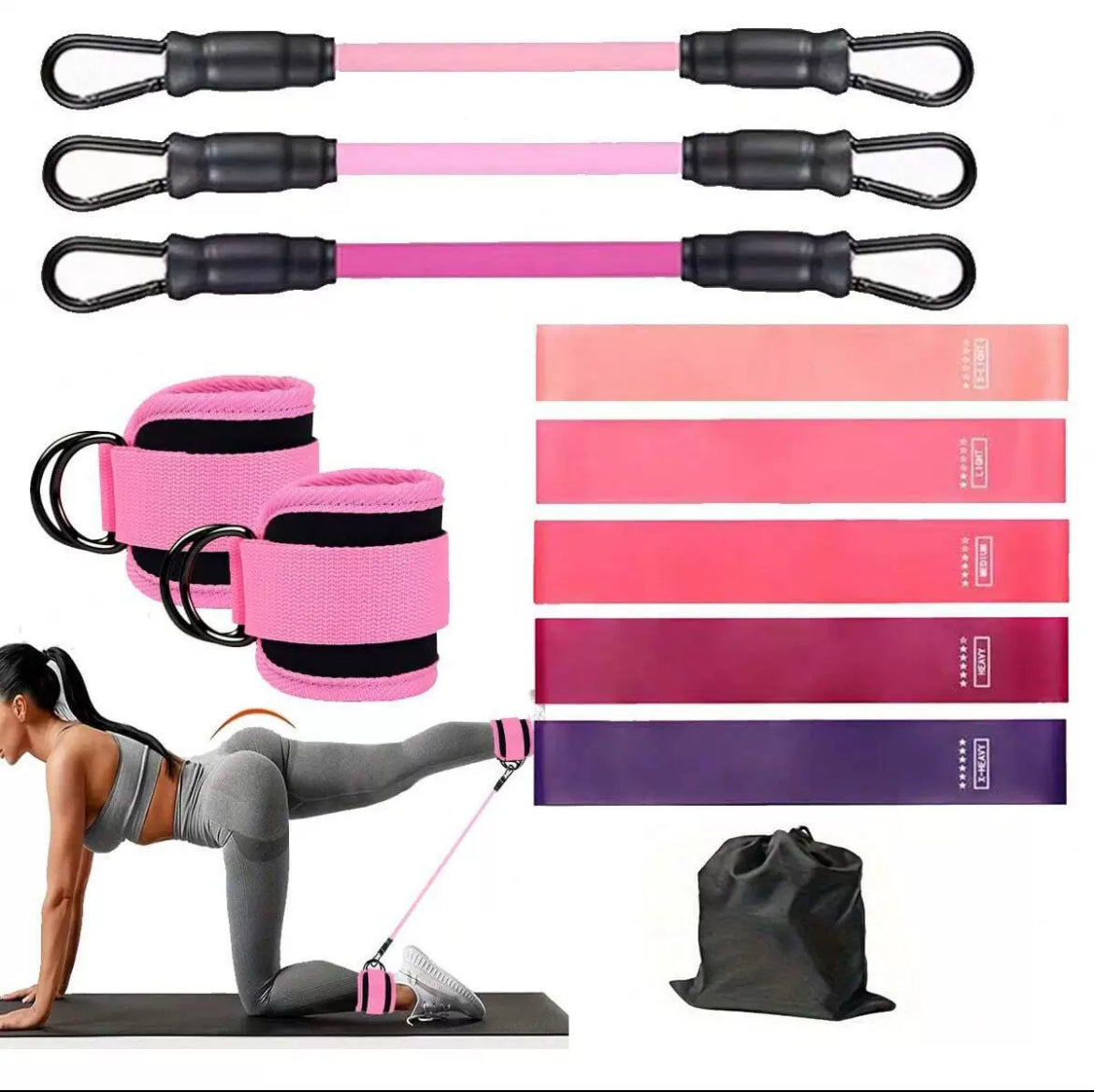 Ankle cuffs + 8 Resistance bands (5 Loops +3 Adjustable) + Bag