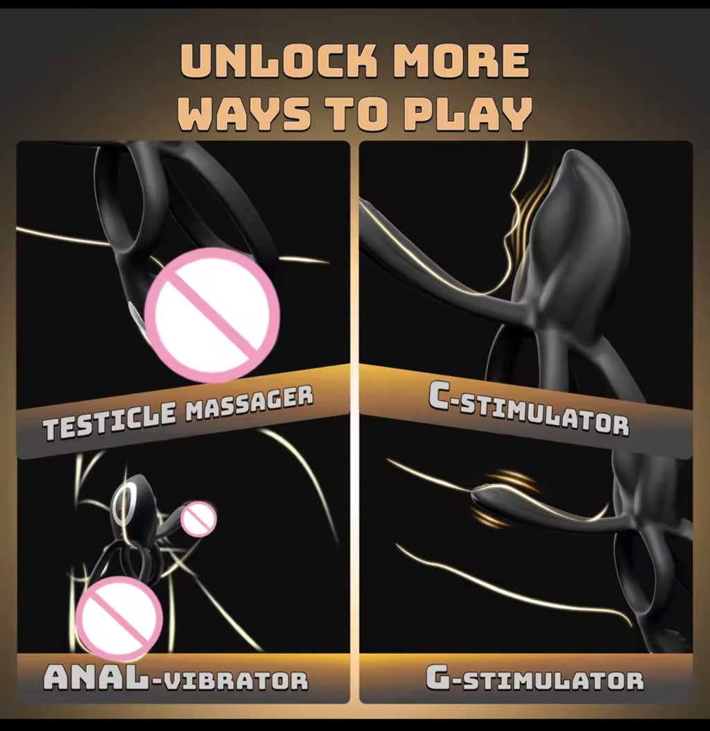 4-in-1 Vibrating Cock Ring Vibrator- Testicles Massager/Penis Ring/G Spot/Clit Stimulator (App + Remote Control)