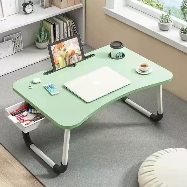 Portable Folding Bed Laptop Table (60x40cm) with Cup Holder & Drawer