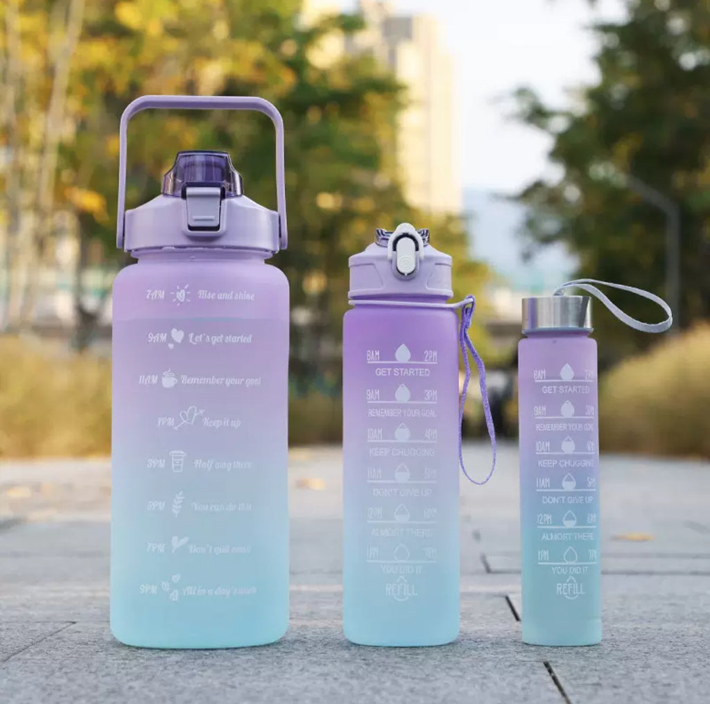 3-in-1 Gradient Motivational Water Bottle Set with Time Markers (2000ml/900ml/500ml)