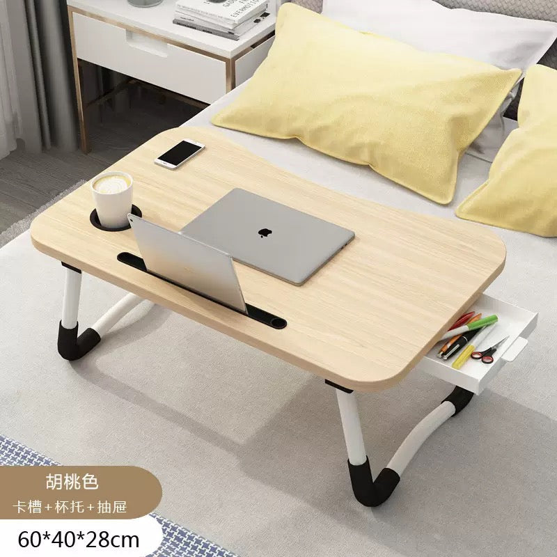 Portable Folding Bed Laptop Table (60x40cm) with Cup Holder & Drawer