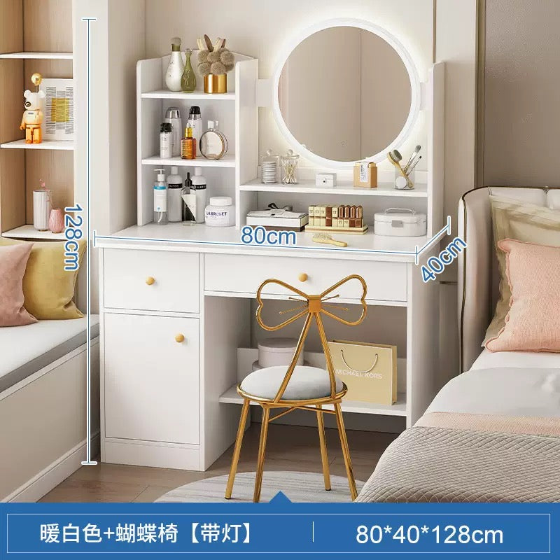 LED Vanity Dressing Table with Mirror, Storage & Butterfly Chair (80x40x128cm)