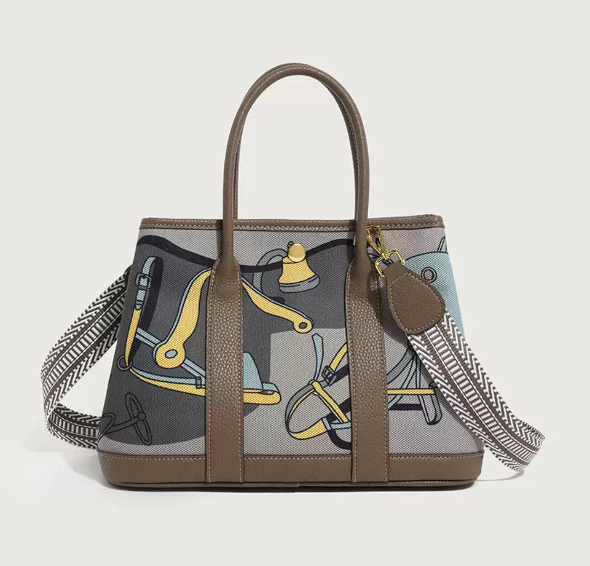 Luxury Canvas Handbag with Leather Handles & Crossbody Strap