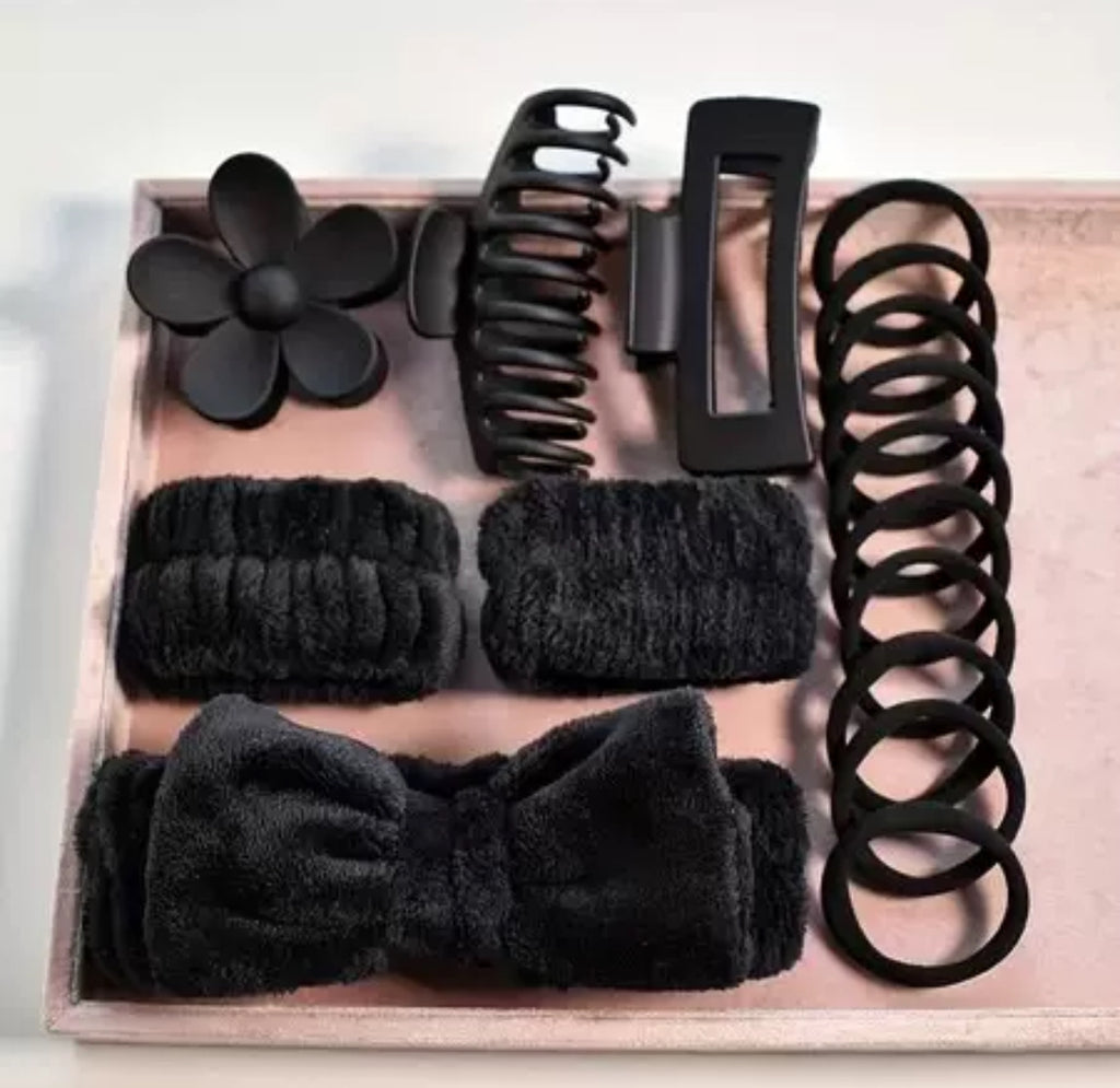 Hair Accessories Set for Girls & Women – (Plush Headbands, Claw Clips & Spiral Hair Ties)