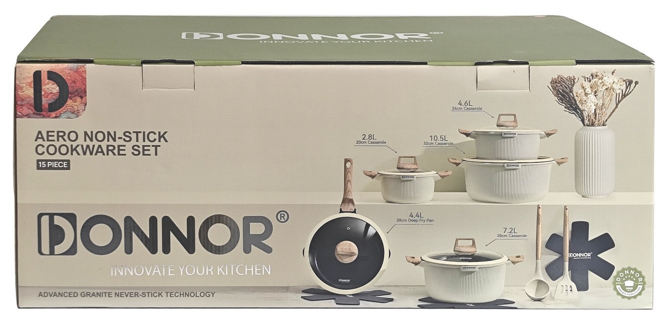 DONNOR Premium Granite Non-Stick Cookware Set with Wooden Handles (15-piece Pot set)