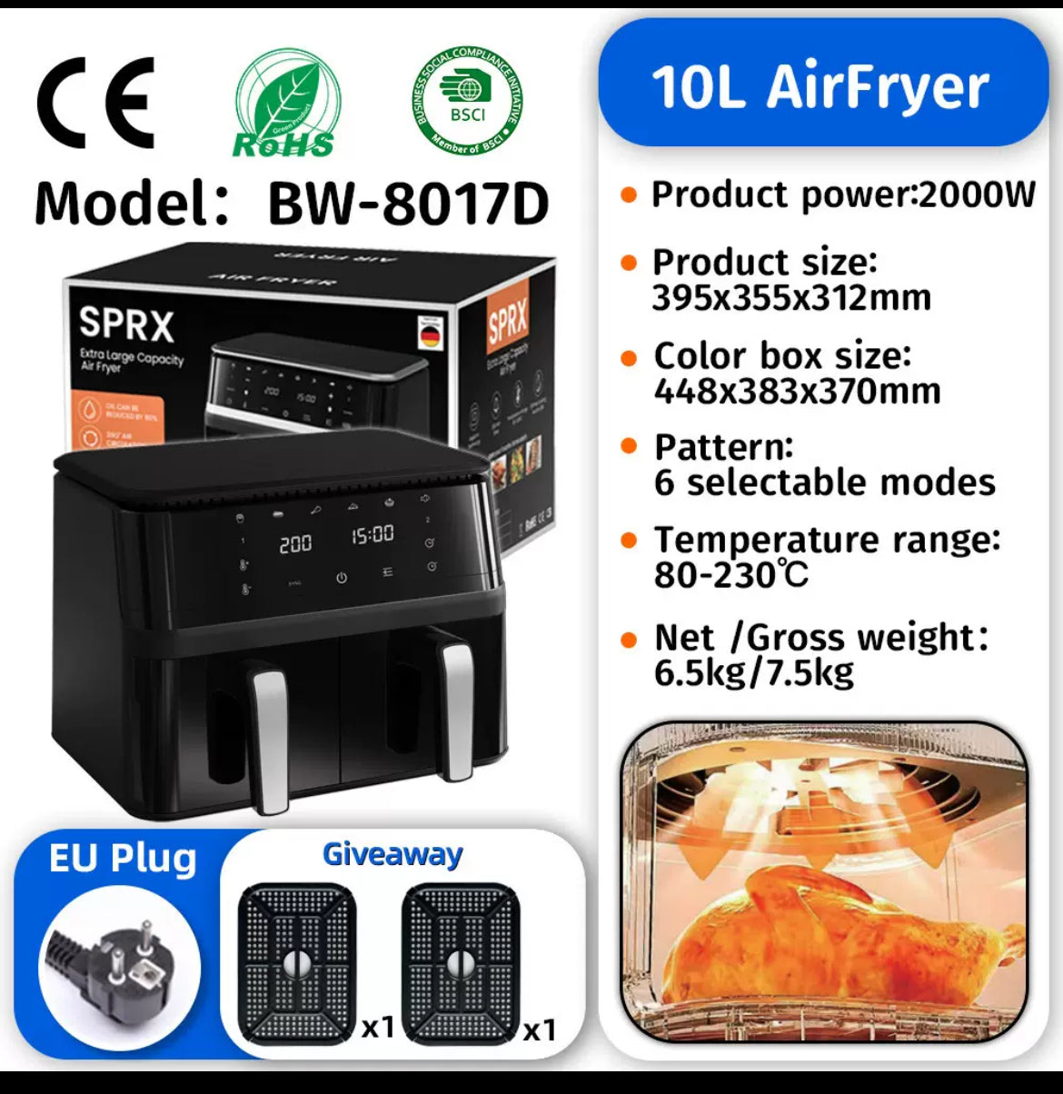 SPRX 10L Digital Air Fryer – Extra Large Capacity (Dual Basket)