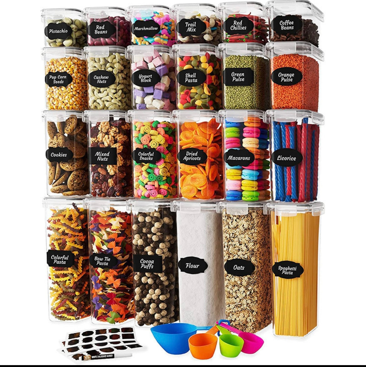 Airtight Storage Containers + Stickers + 1 Marker + Measuring cups